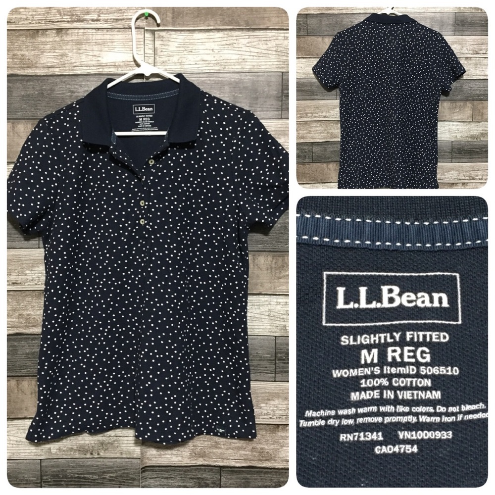 LL Bean Slightly Fitted Polka Dot Polo Shirt Women’s M Navy Blue White